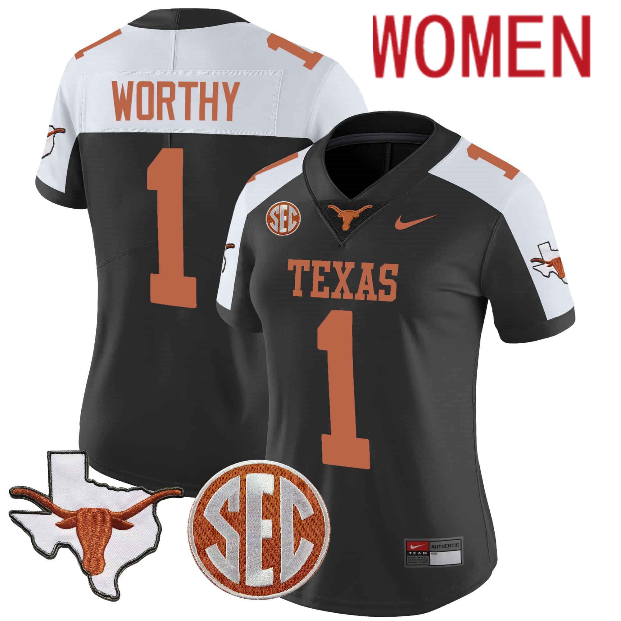 Women Texas Longhorns #1 Worthy Black 2024 Nike State Map & SEC Patch Vapor NCAA Jersey